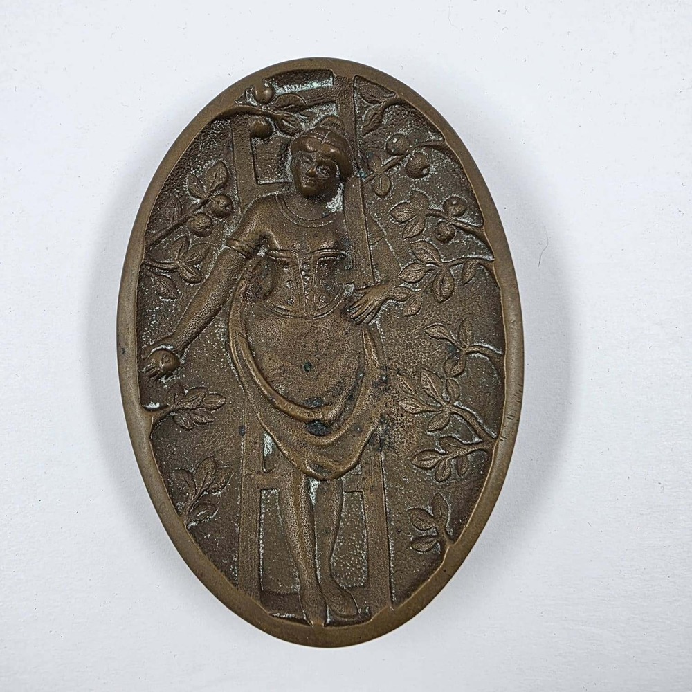Antique Art Nouveau Naughty Bronze Paperweight Risque Woman on Ladder Plaque